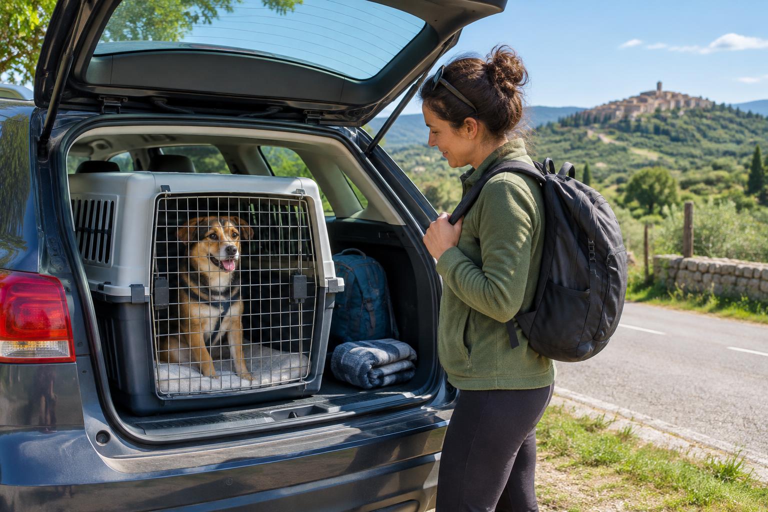 Un perro en un transportín dentro de un coche, junto a una voluntaria